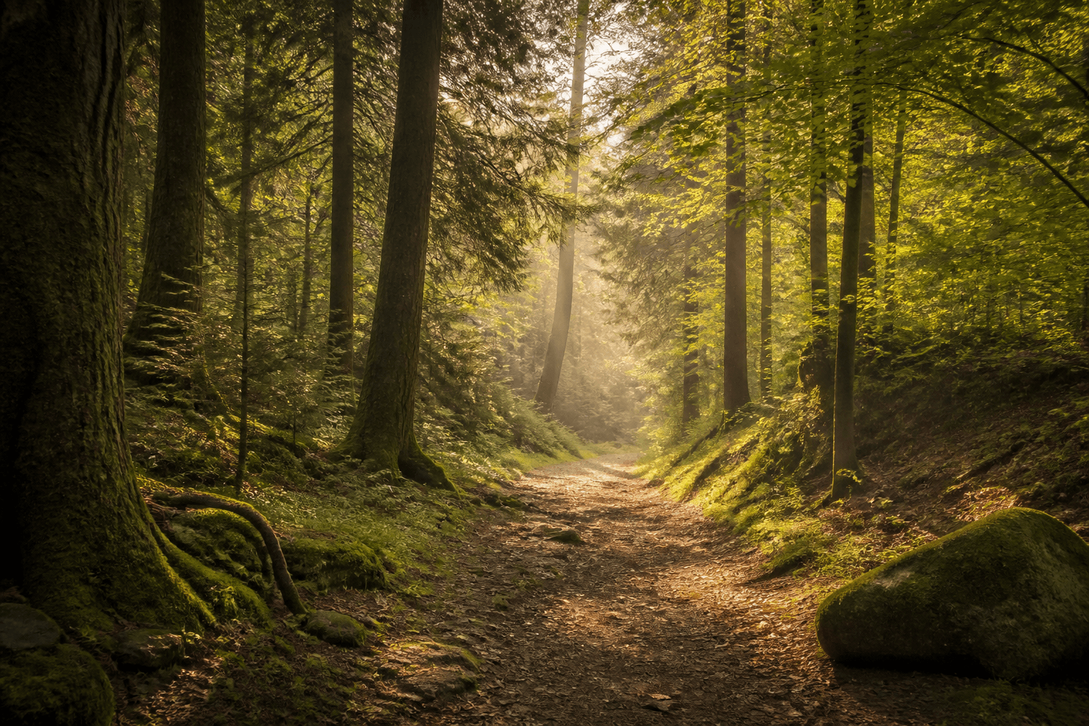 Sunlit forest for retreats and forest bathing