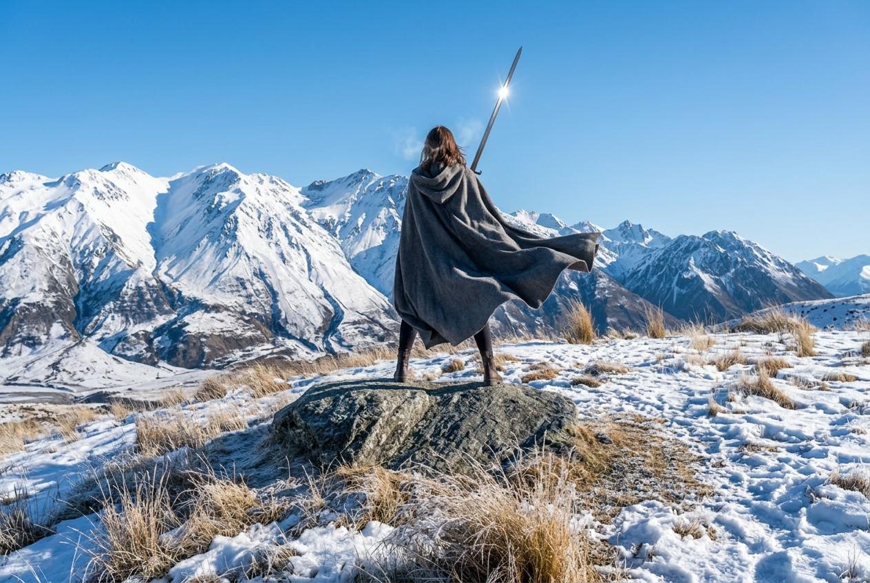 A lone figure on a mountain ridge above a lake